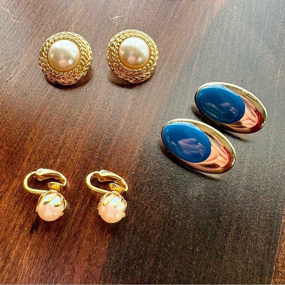 Set of 3 Vintage Gold Tone, Faux Pearl & Enamel Clip On Earrings‎